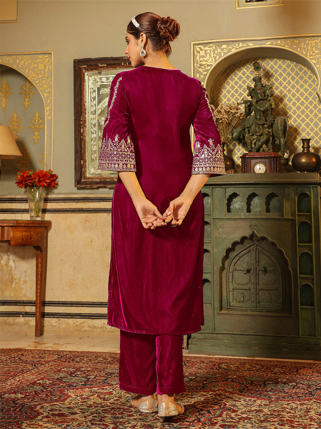Janasya Pink Velvet Embroidered Kurta & Bottom