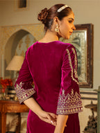 Janasya Pink Velvet Embroidered Kurta & Bottom