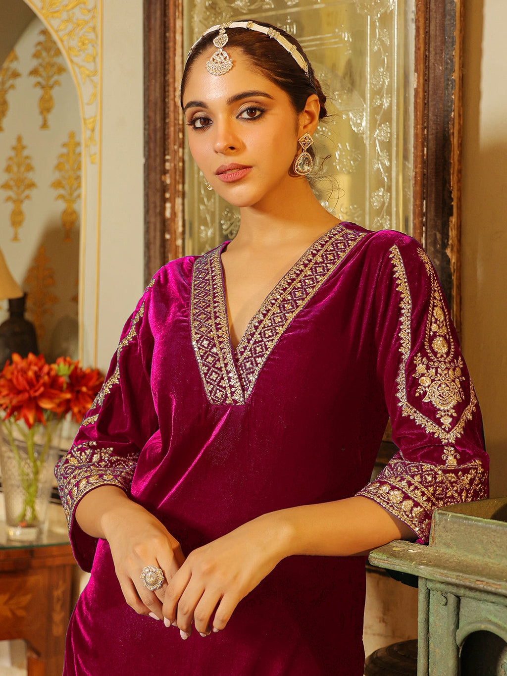 Janasya Pink Velvet Embroidered Kurta & Bottom