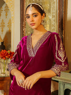 Janasya Pink Velvet Embroidered Kurta & Bottom
