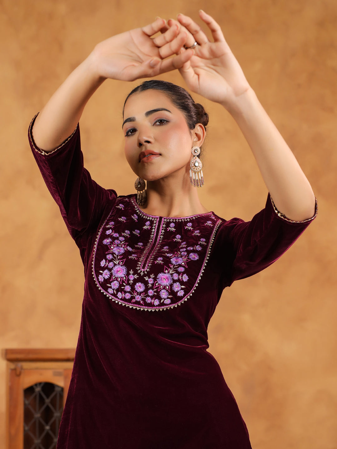 Janasya Wine Velvet Embroidered Kurta & Bottom