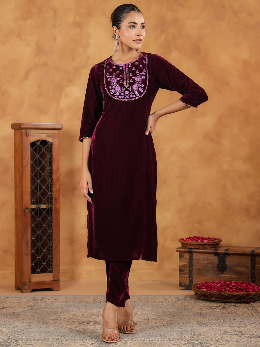 Janasya Wine Velvet Embroidered Kurta & Bottom