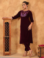 Janasya Wine Velvet Embroidered Kurta & Bottom