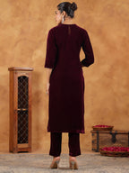 Janasya Wine Velvet Embroidered Kurta & Bottom