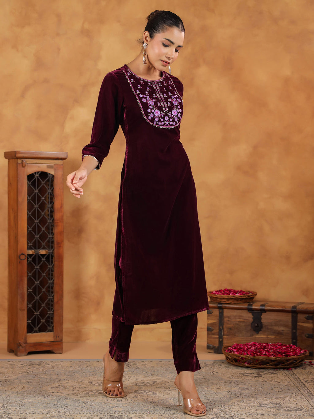 Janasya Wine Velvet Embroidered Kurta & Bottom