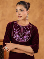 Janasya Wine Velvet Embroidered Kurta & Bottom