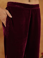 Janasya Wine Velvet Embroidered Kurta & Bottom