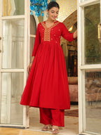 Janasya Maroon Rayon Embroidered Kurta & Bottom