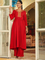 Janasya Maroon Rayon Embroidered Kurta & Bottom