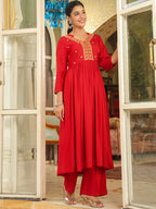 Janasya Maroon Rayon Embroidered Kurta & Bottom