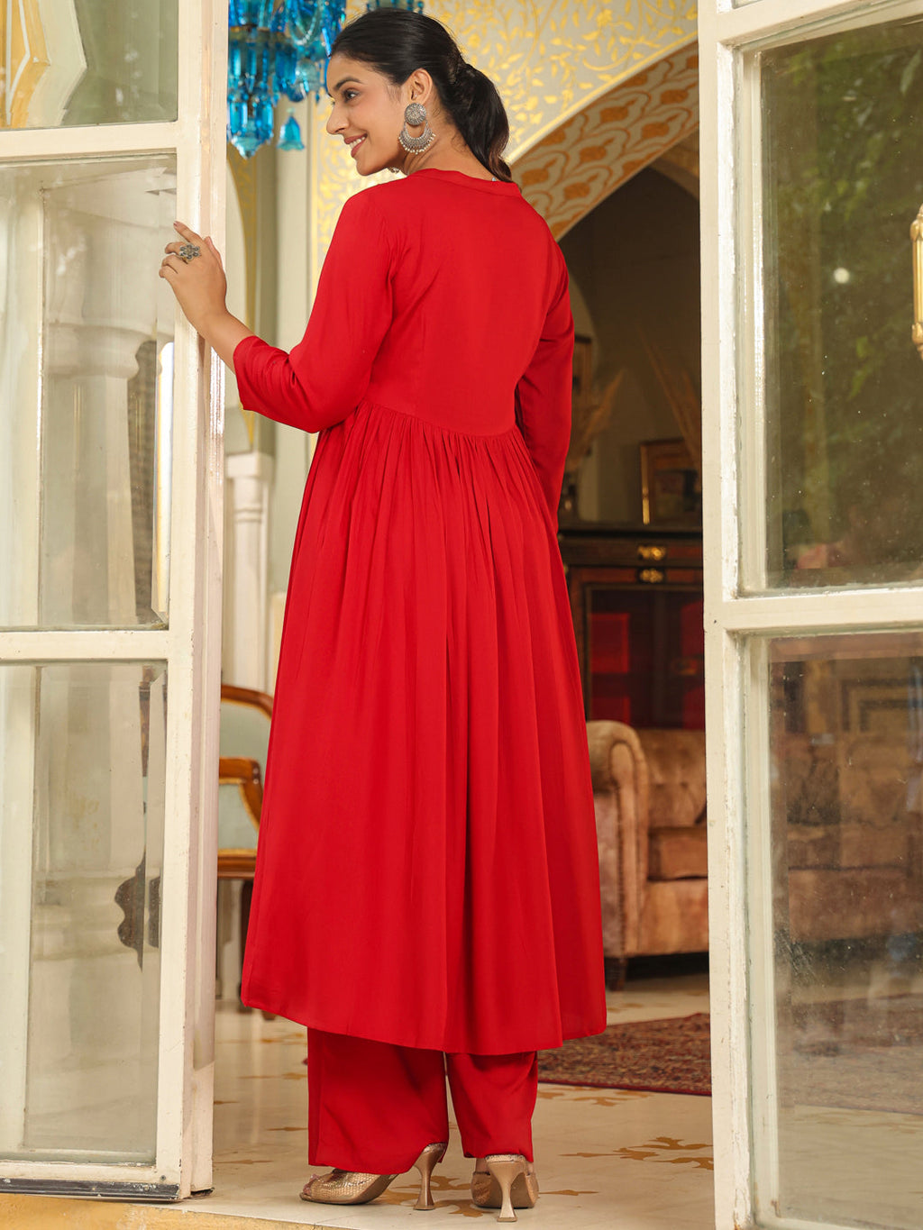 Janasya Maroon Rayon Embroidered Kurta & Bottom