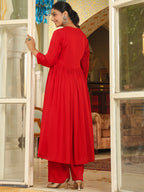 Janasya Maroon Rayon Embroidered Kurta & Bottom