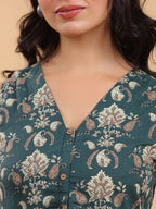 Janasya Dark Green Cambric Ethnic Motifs Kurta