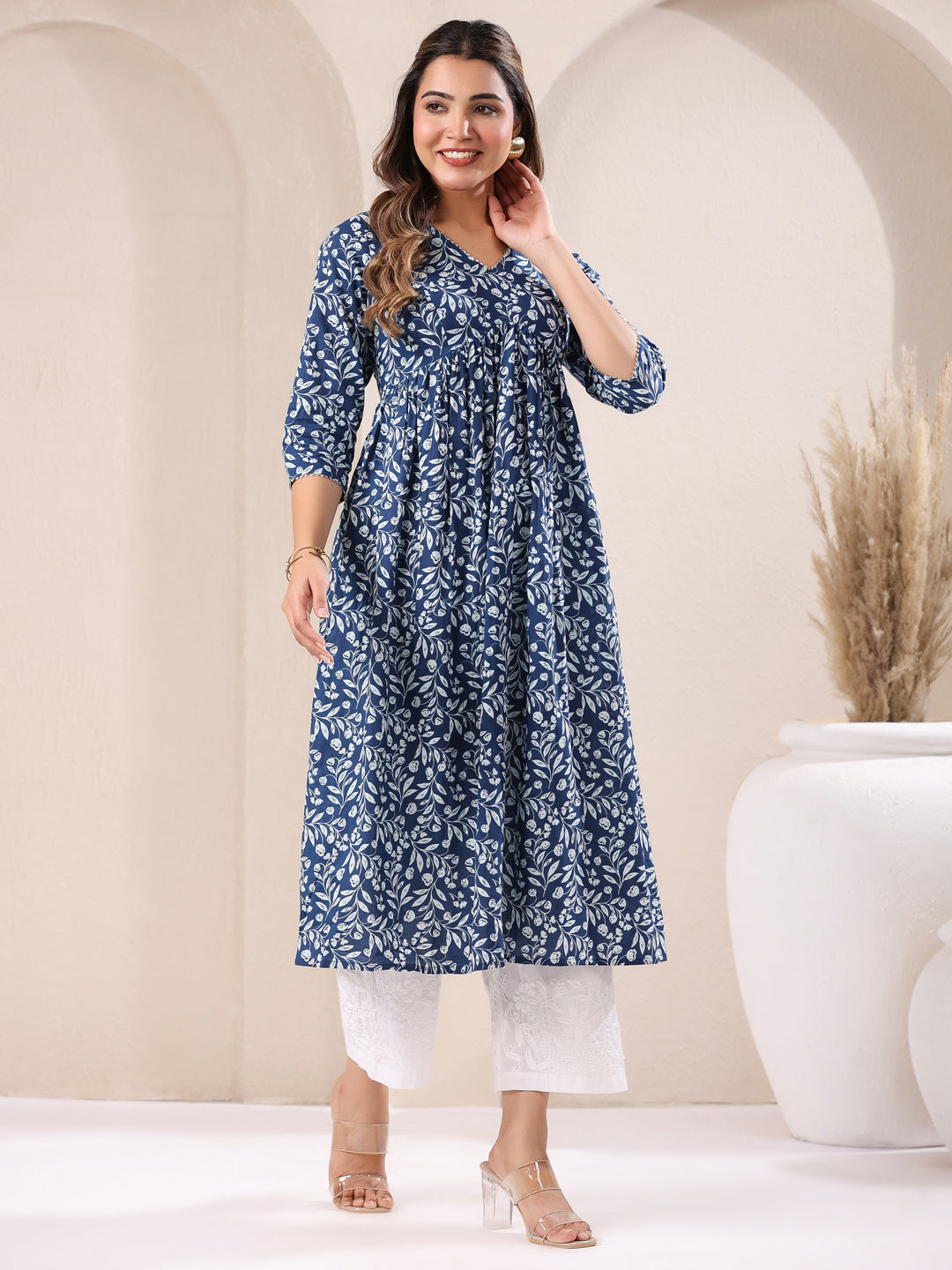 Janasya Dark Cotton Floral A-Line Kurta
