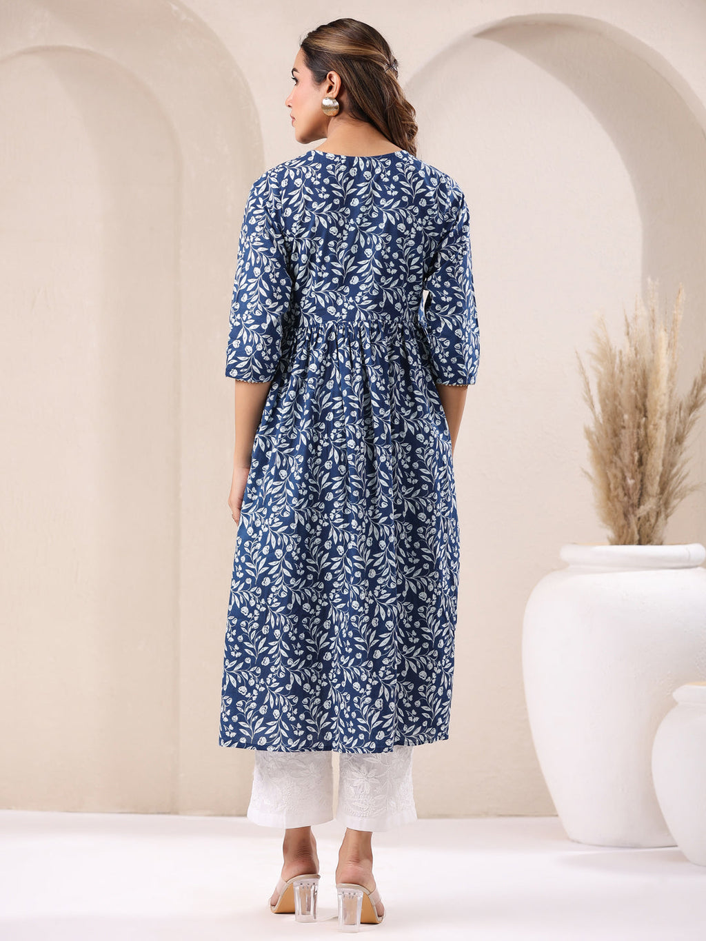 Janasya Dark Cotton Floral A-Line Kurta