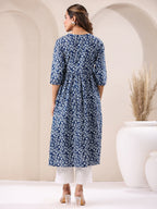 Janasya Dark Cotton Floral A-Line Kurta