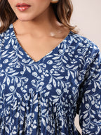 Janasya Dark Cotton Floral A-Line Kurta