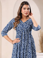 Janasya Dark Cotton Floral A-Line Kurta