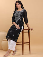 Janasya Black Weightless Georgette Embroidered Kurta