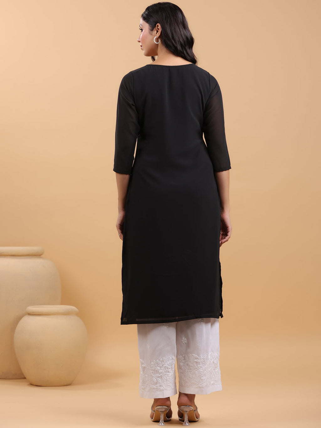 Janasya Black Weightless Georgette Embroidered Kurta