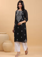 Janasya Black Weightless Georgette Embroidered Kurta