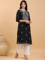 Janasya Black Weightless Georgette Embroidered Kurta