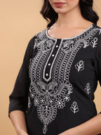Janasya Black Weightless Georgette Embroidered Kurta