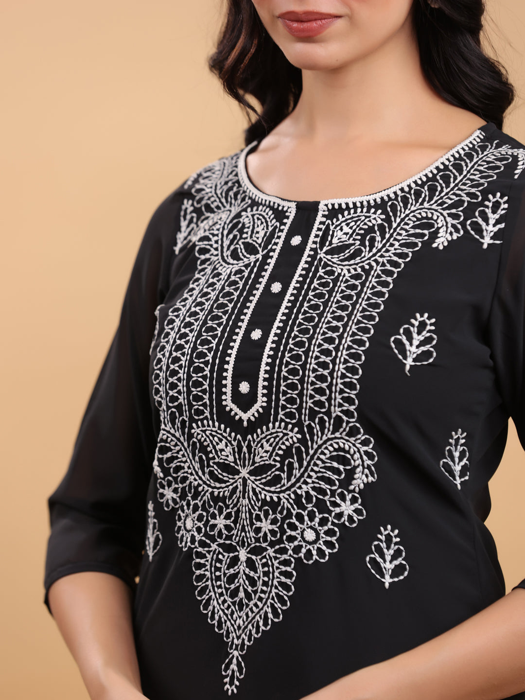 Janasya Black Weightless Georgette Embroidered Kurta