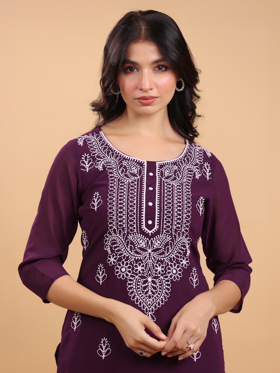 Janasya Purple Weightless Georgette Embroidered Kurta