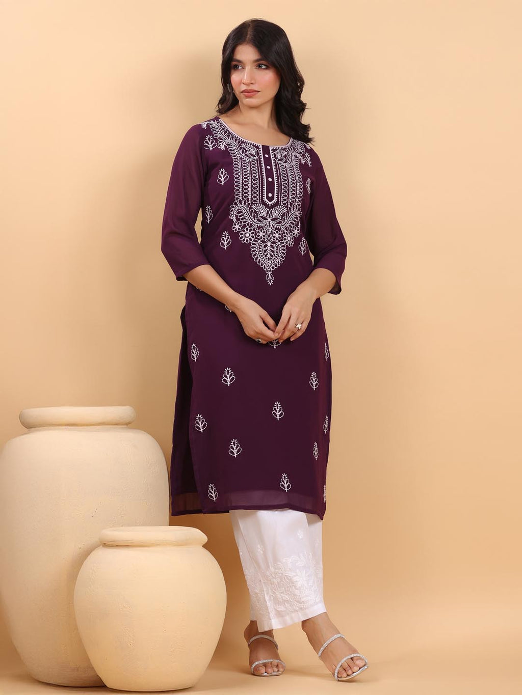 Janasya Purple Weightless Georgette Embroidered Kurta