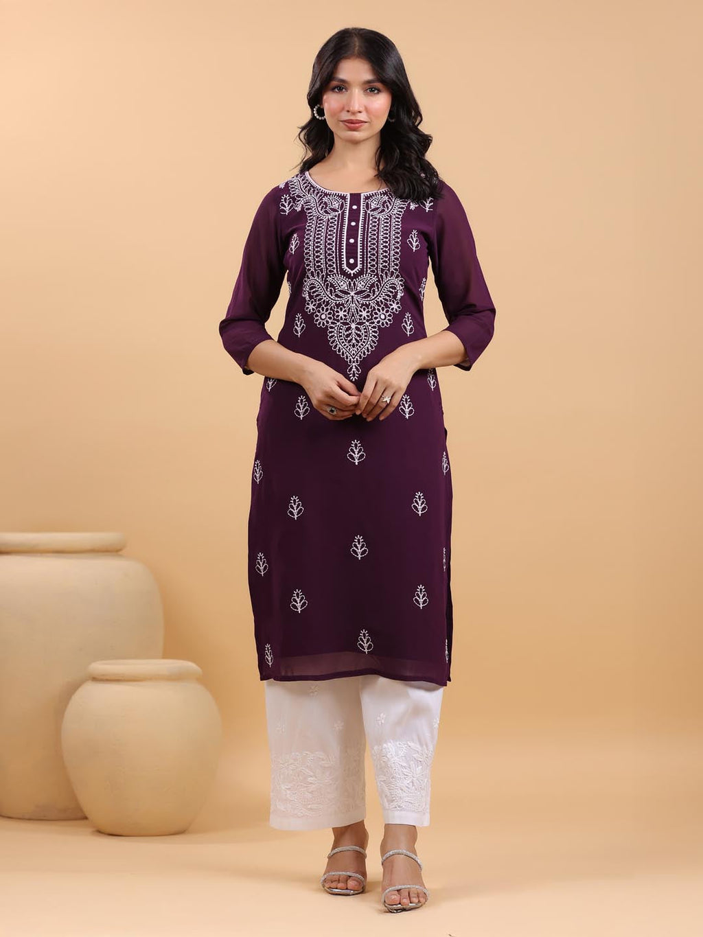 Janasya Purple Weightless Georgette Embroidered Kurta