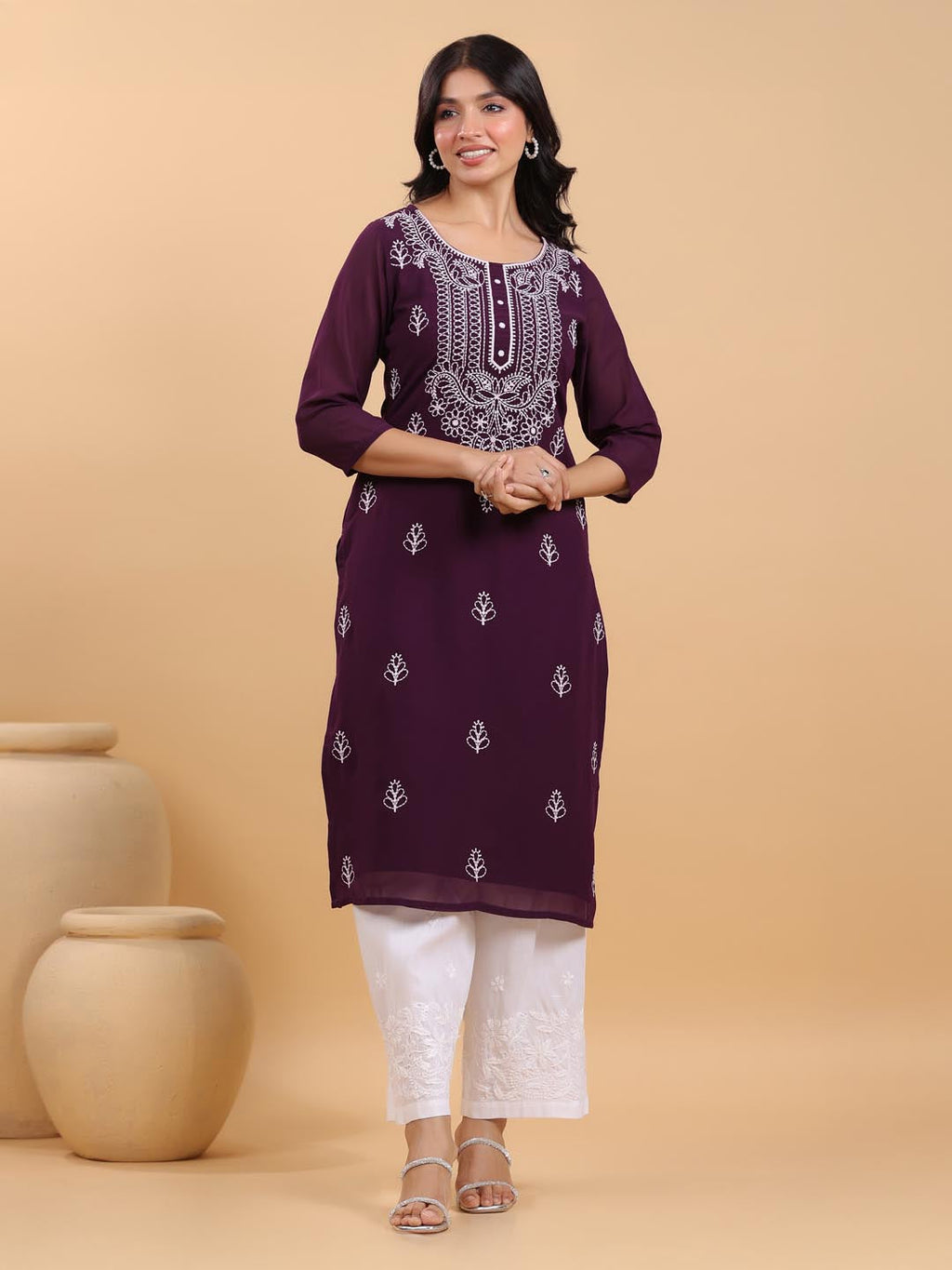 Janasya Purple Weightless Georgette Embroidered Kurta