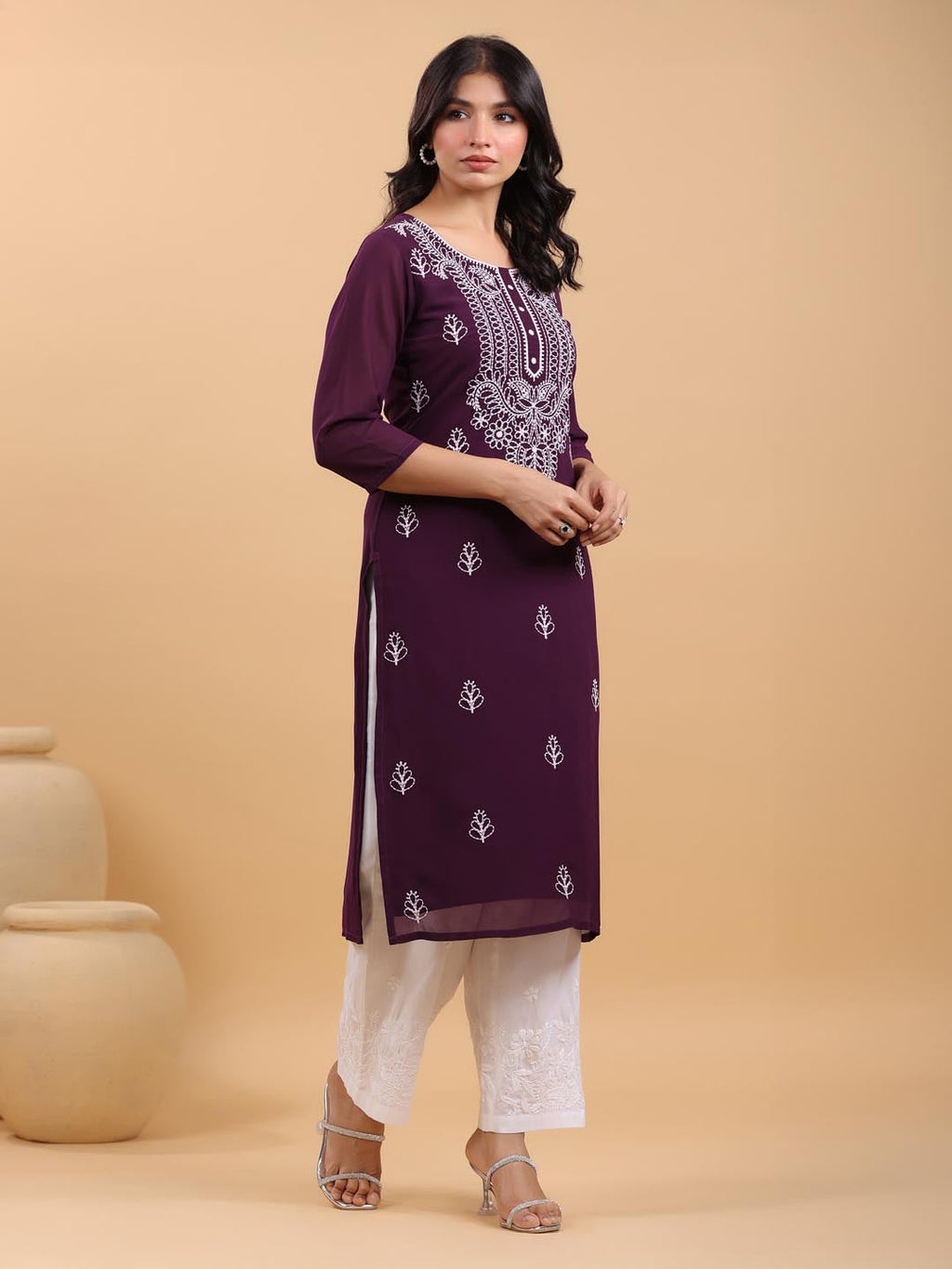 Janasya Purple Weightless Georgette Embroidered Kurta