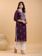 Janasya Purple Weightless Georgette Embroidered Kurta