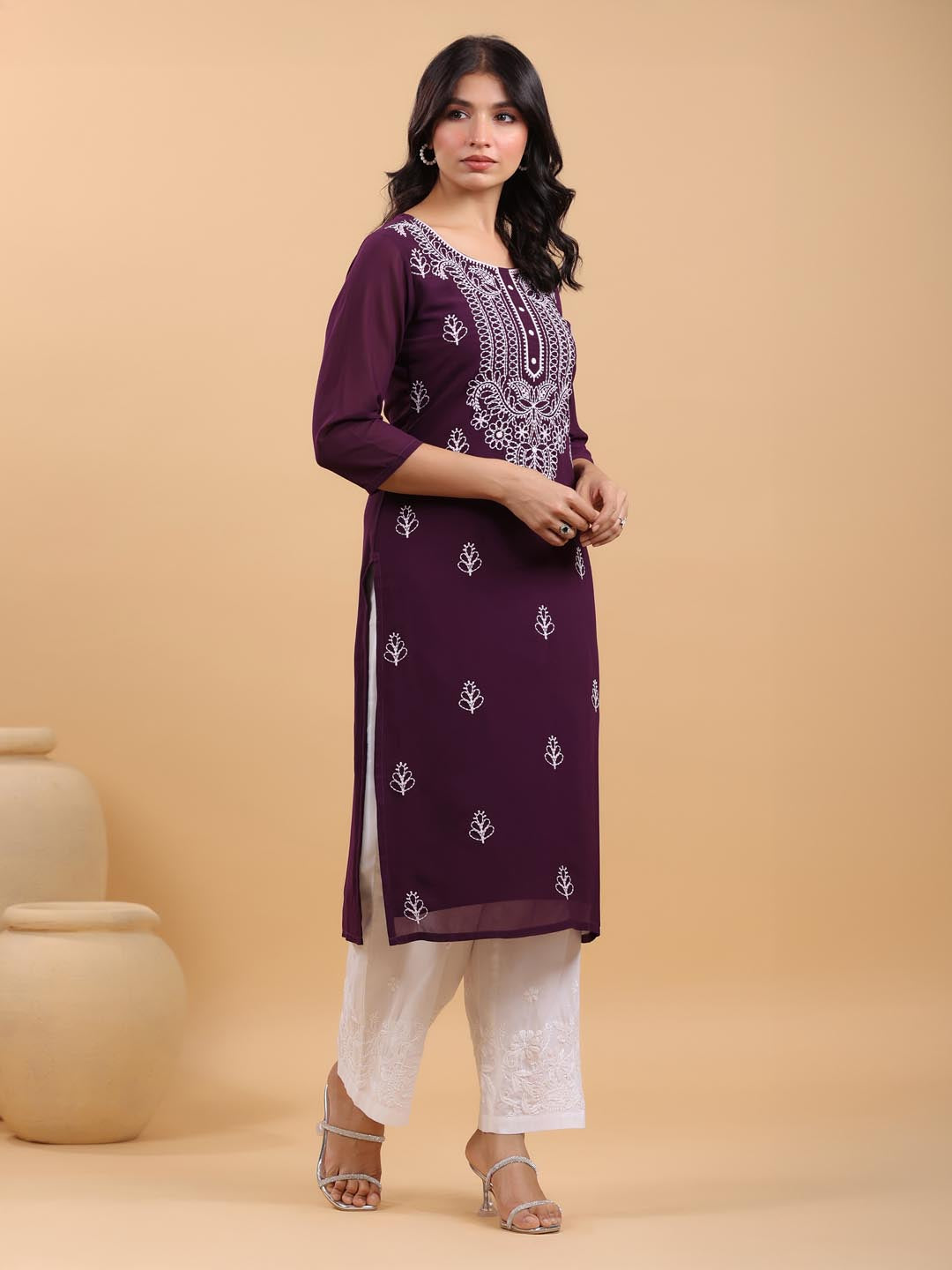 Janasya Purple Weightless Georgette Embroidered Kurta