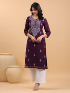 Janasya Purple Weightless Georgette Embroidered Kurta