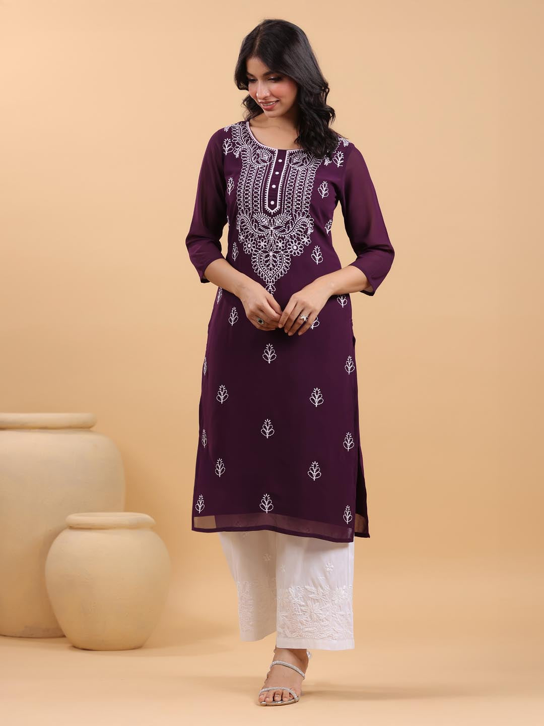 Janasya Purple Weightless Georgette Embroidered Kurta