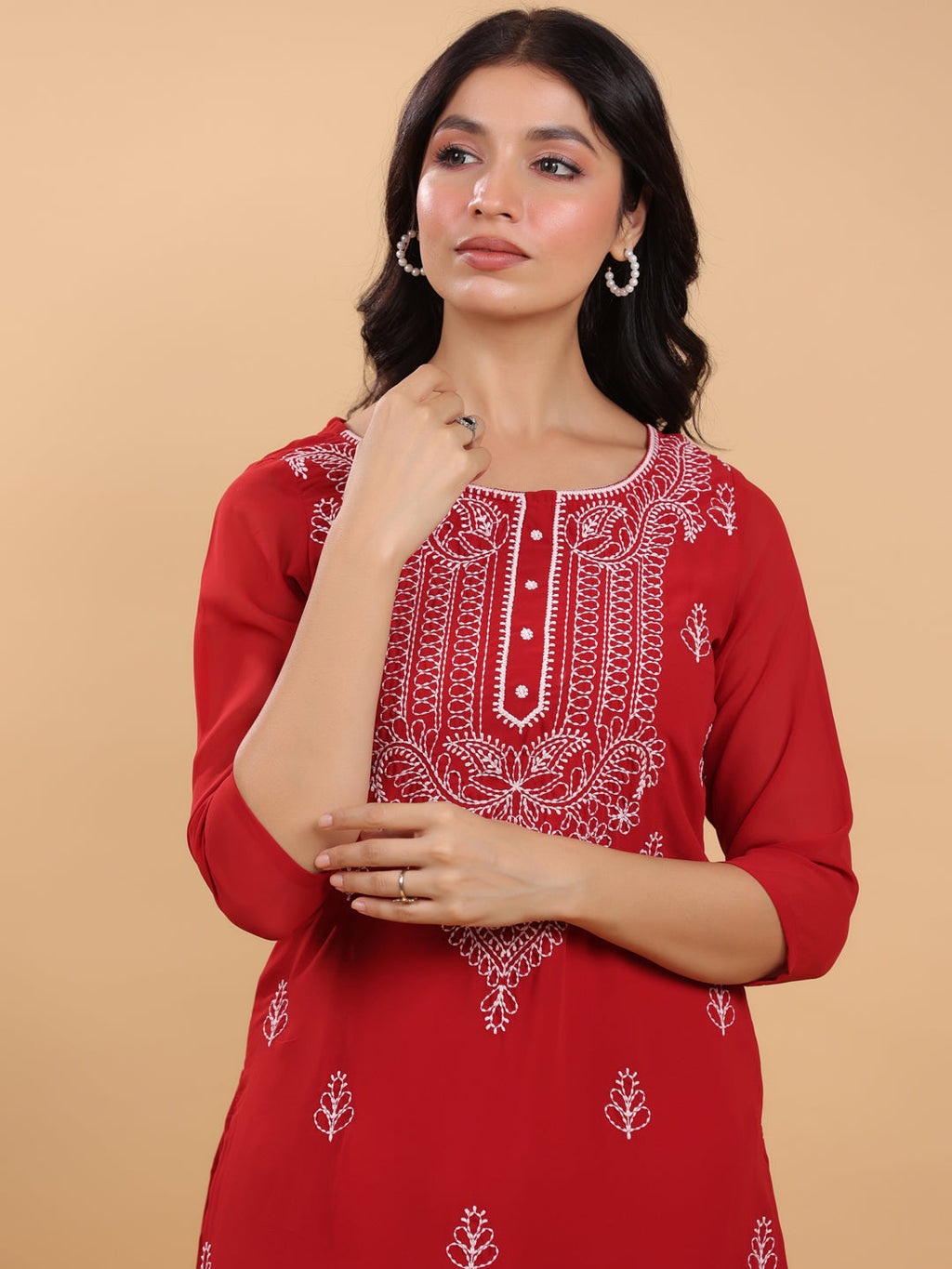 Janasya Maroon Weightless Georgette Embroidered Kurta