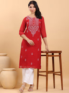 Janasya Maroon Weightless Georgette Embroidered Kurta