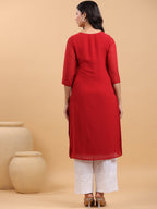Janasya Maroon Weightless Georgette Embroidered Kurta