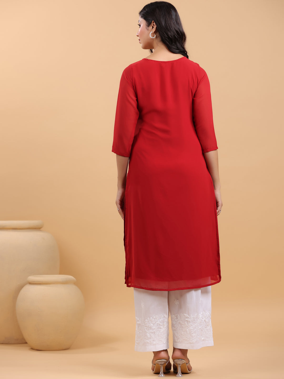 Janasya Maroon Weightless Georgette Embroidered Kurta