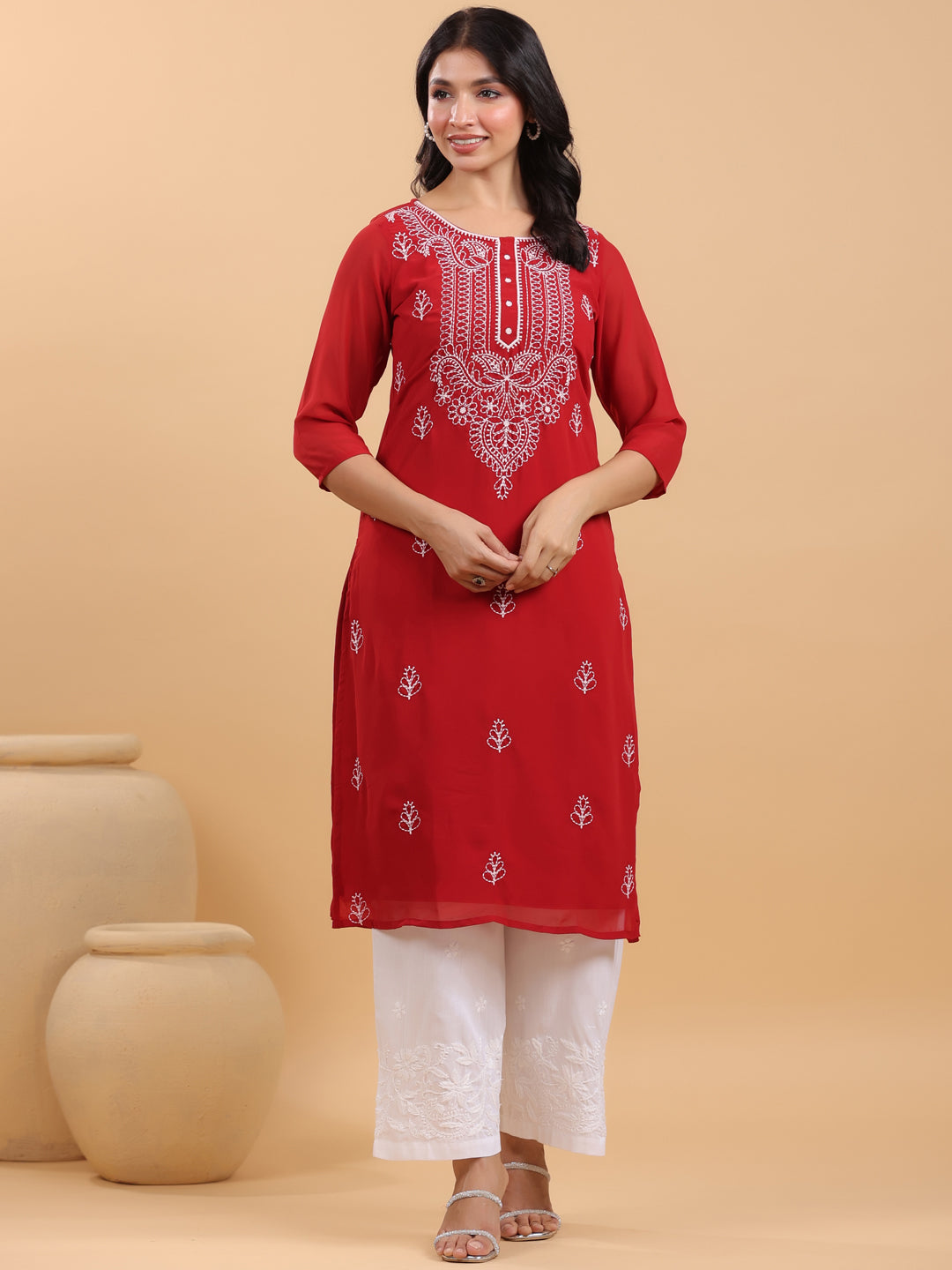 Janasya Maroon Weightless Georgette Embroidered Kurta