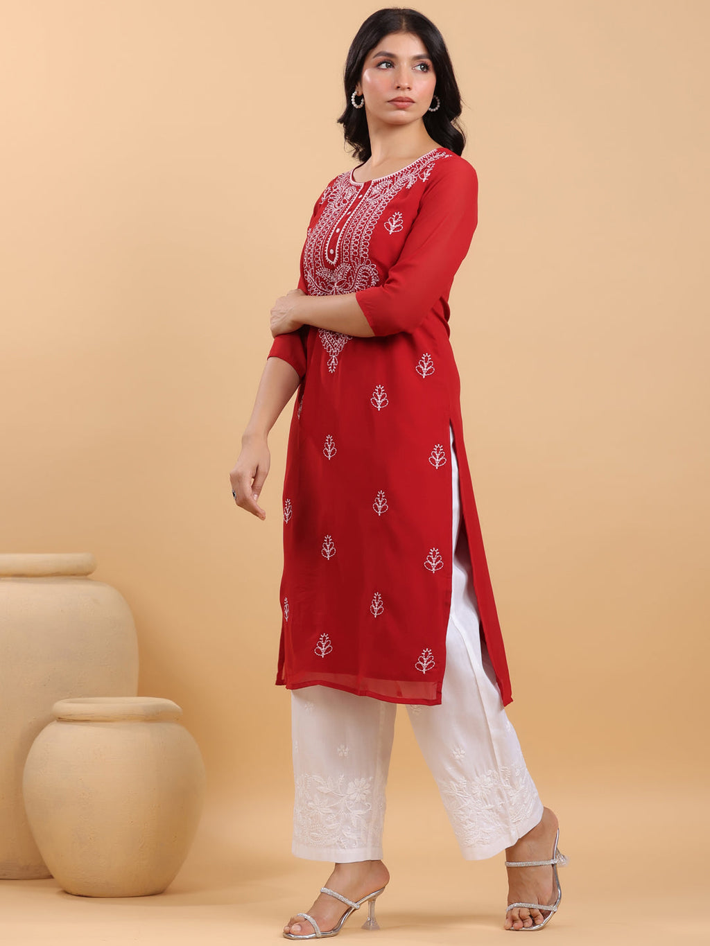 Janasya Maroon Weightless Georgette Embroidered Kurta