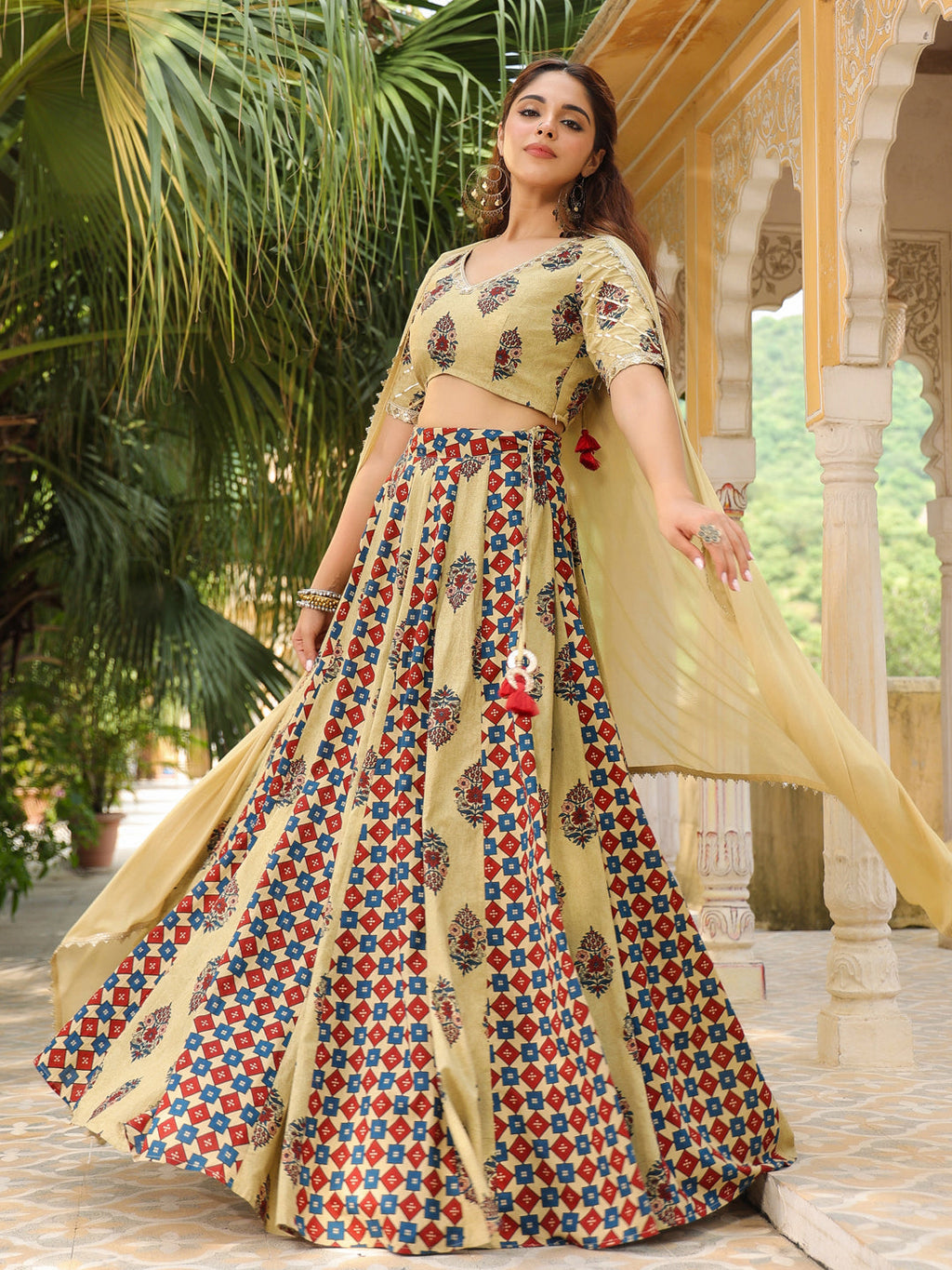 Janasya Beige Cambric Ethnic Motifs Lehenga Choli Dupatta
