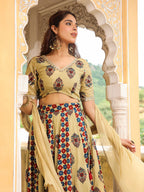 Janasya Beige Cambric Ethnic Motifs Lehenga Choli Dupatta