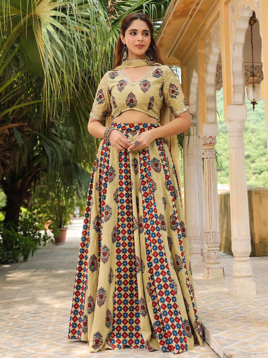 Janasya Beige Cambric Ethnic Motifs Lehenga Choli Dupatta