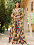 Janasya Beige Cambric Ethnic Motifs Lehenga Choli Dupatta