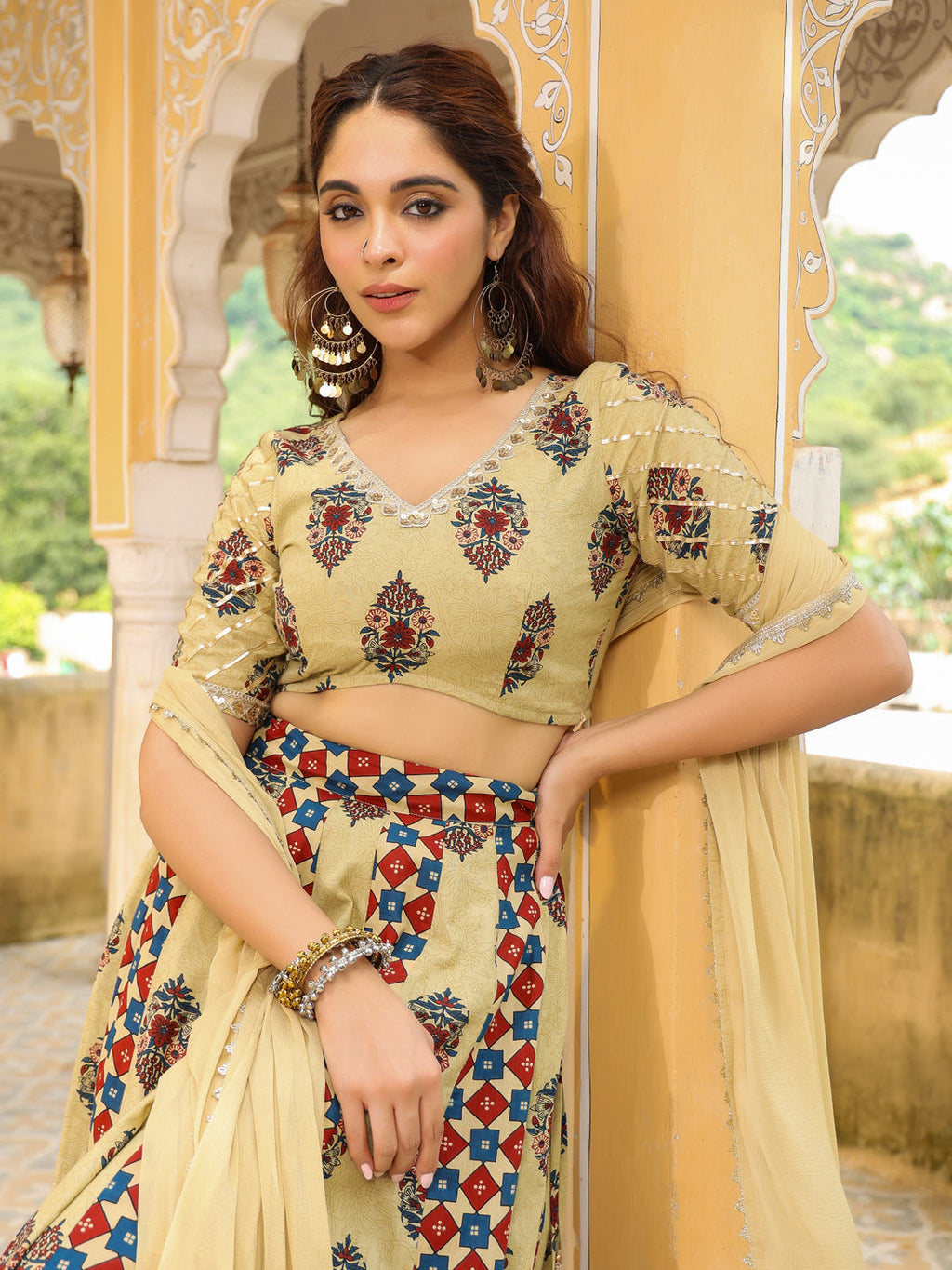 Janasya Beige Cambric Ethnic Motifs Lehenga Choli Dupatta