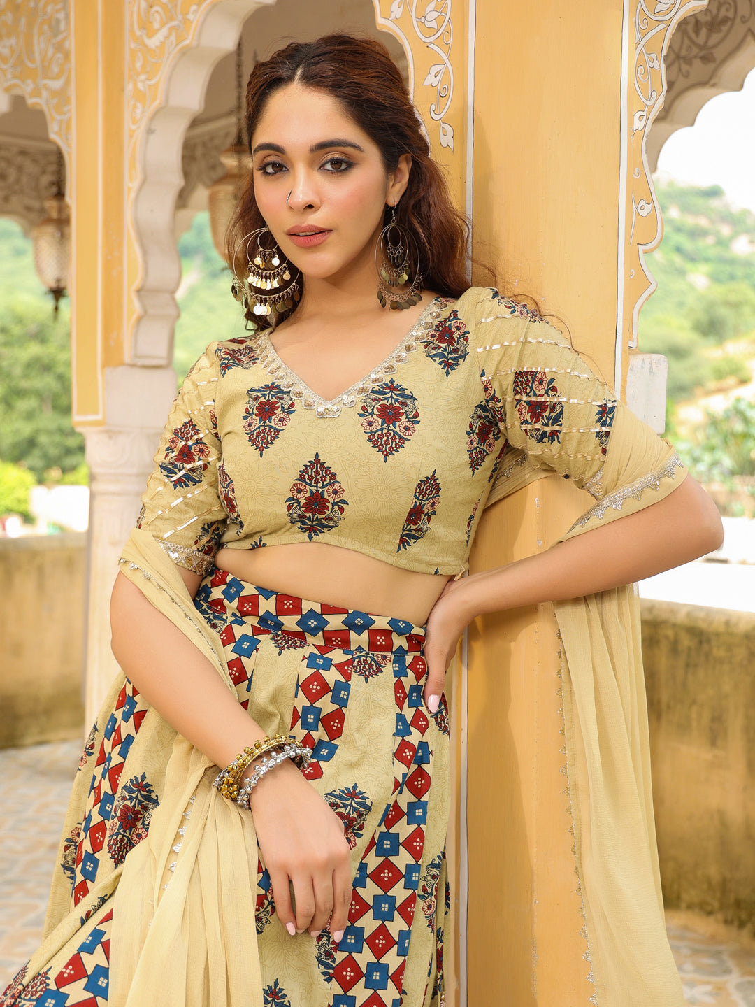 Janasya Beige Cambric Ethnic Motifs Lehenga Choli Dupatta