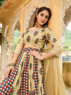 Janasya Beige Cambric Ethnic Motifs Lehenga Choli Dupatta
